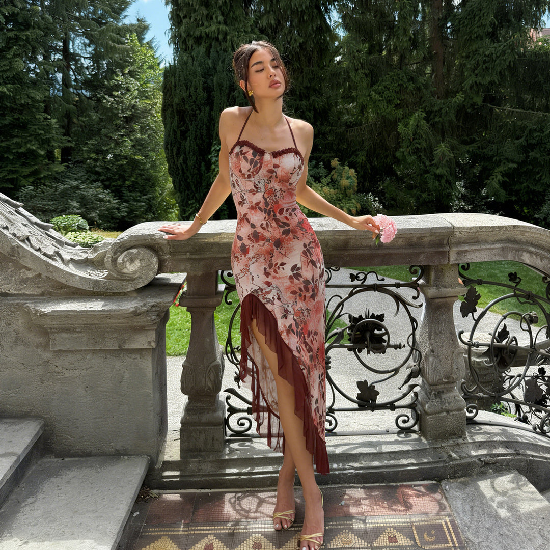 Damen asymmetrisches Floral-Maxikleid mit zartem Rüschensaum und verführerischem Schnitt Echo Archiv