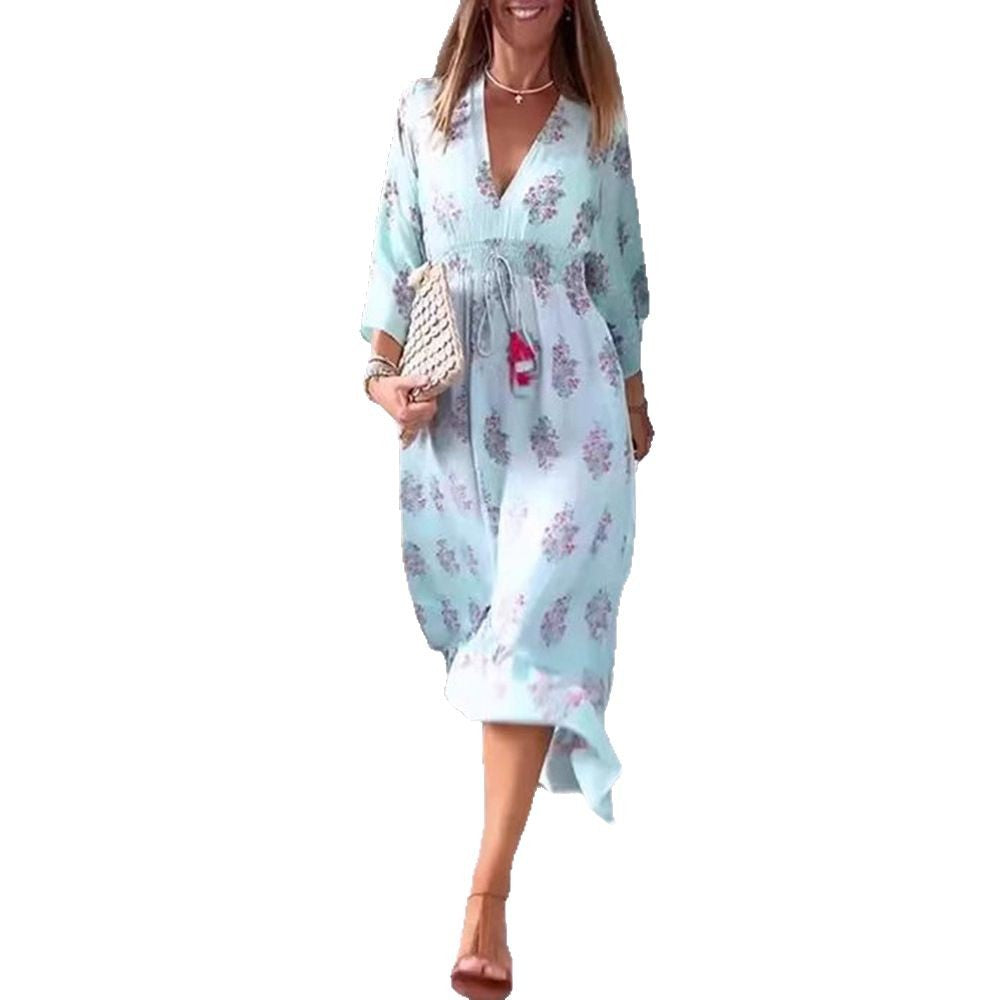Damen nan luftig-fließendes Boho-Midikleid mit V-Ausschnitt, geraffter Smock-Taille, Kordelzug mit Quasten und asymmetrischem Volant-Saum Echo Archiv
