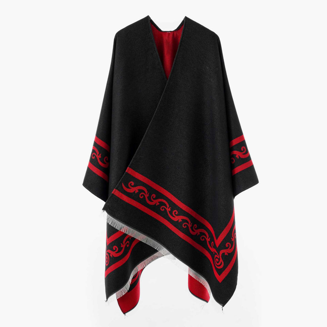 Damen Oversize-Cape mit geometrischem Jacquard und Fransensaum – Avérine