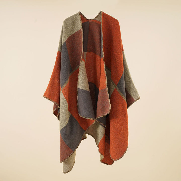 Damen Dreieckiger Strickponcho mit geometrischem Jacquardmuster und Ziernaht – Veloura