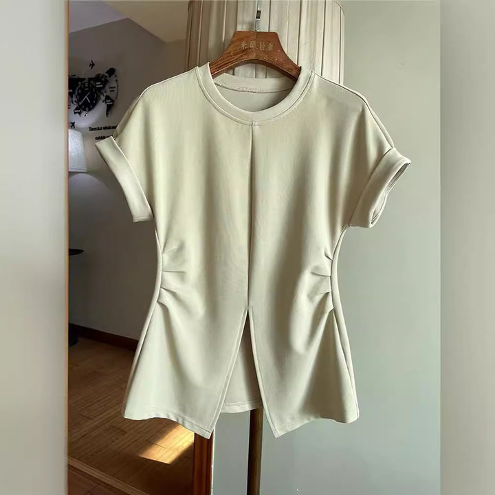 Damen Kurzärmeliges Strukturjersey-Shirt mit Taillenraffungen und Frontschlitz Echo Archiv