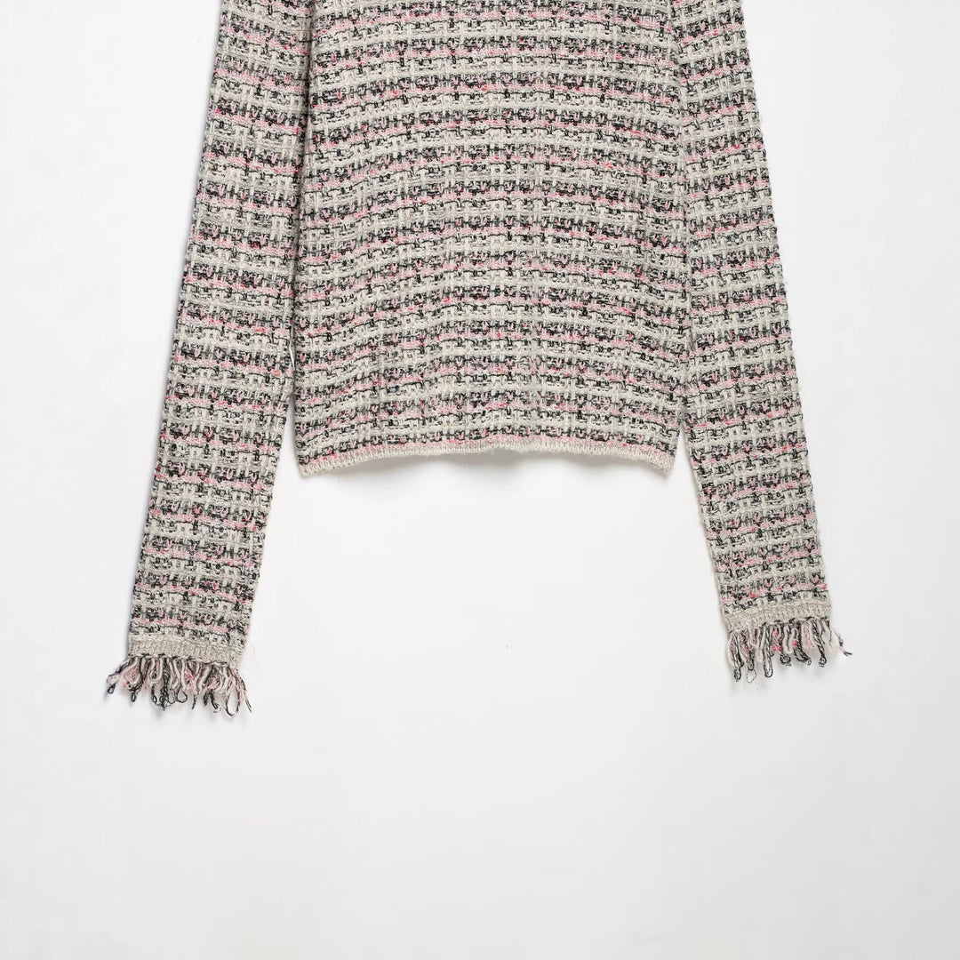 Damen Tweed-Cardigan mit Rundkragen, durchgehender Knopfleiste und Fransenabschlüssen Echoarchiv