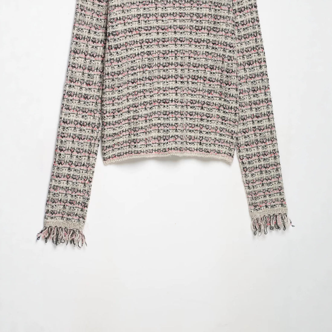Damen Tweed-Cardigan mit Rundkragen, durchgehender Knopfleiste und Fransenabschlüssen Echoarchiv
