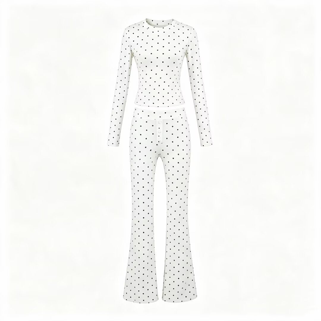 Damen Zweiteiliges Stretch-Jersey Lounge-Set mit Cropped Longsleeve und High‑Waist Schlaghose Echoarchiv