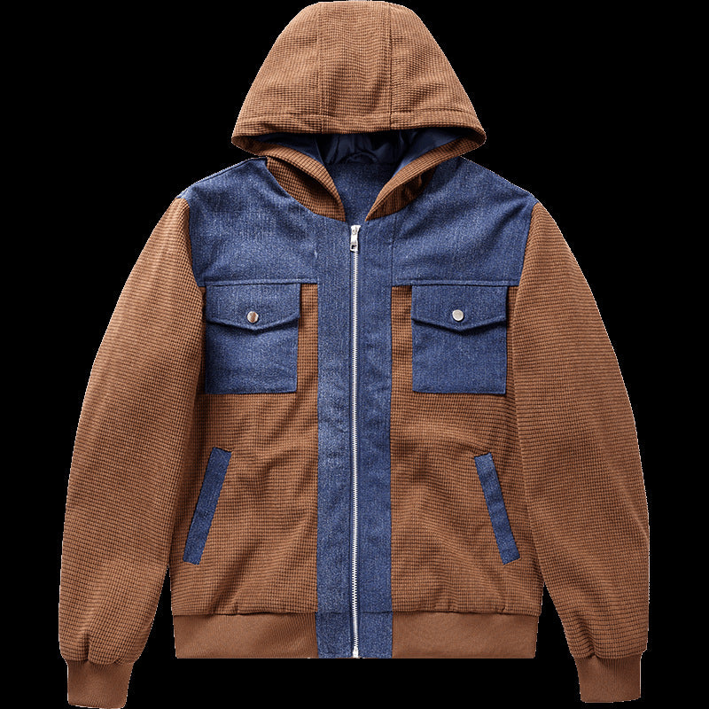 Herren  Hybrid Kapuzen-Waffelstrick- und Denim-Panel-Bomberjacke Echo Archiv