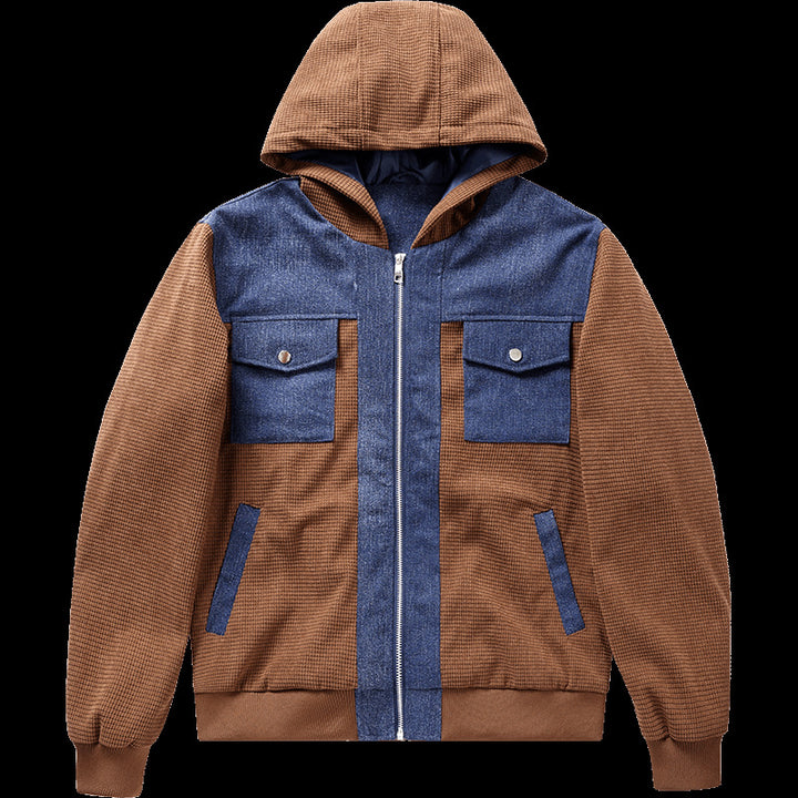 Herren  Hybrid Kapuzen-Waffelstrick- und Denim-Panel-Bomberjacke Echo Archiv