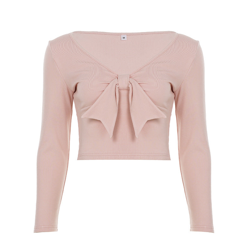 Damen nan Cropped-Longsleeve mit dekorativer Schleifenfront, V-Ausschnitt und figurbetonter Passform Echo Archiv