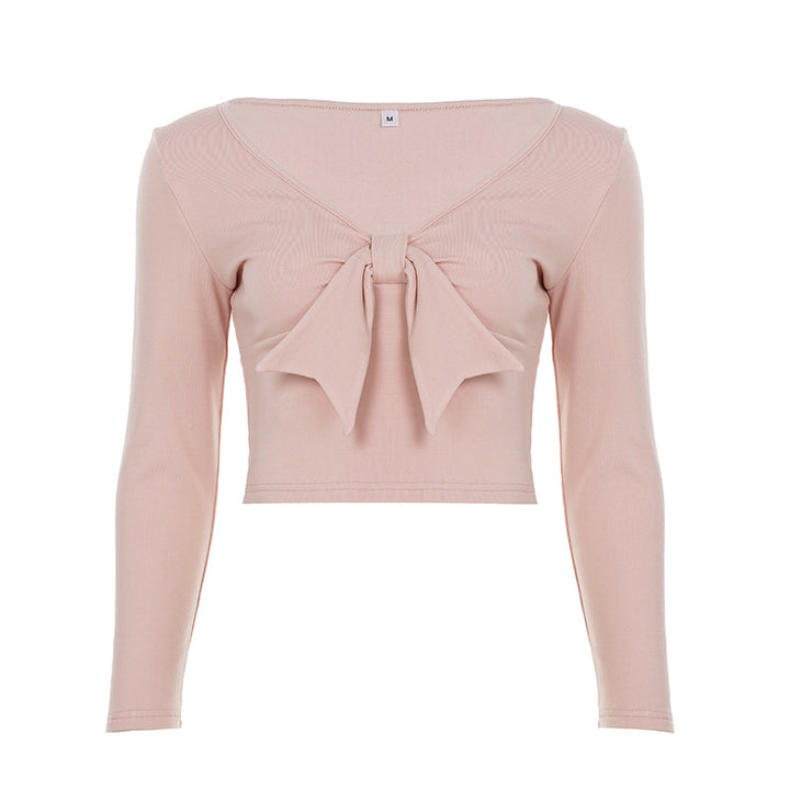 Damen nan Cropped-Longsleeve mit dekorativer Schleifenfront, V-Ausschnitt und figurbetonter Passform Echo Archiv