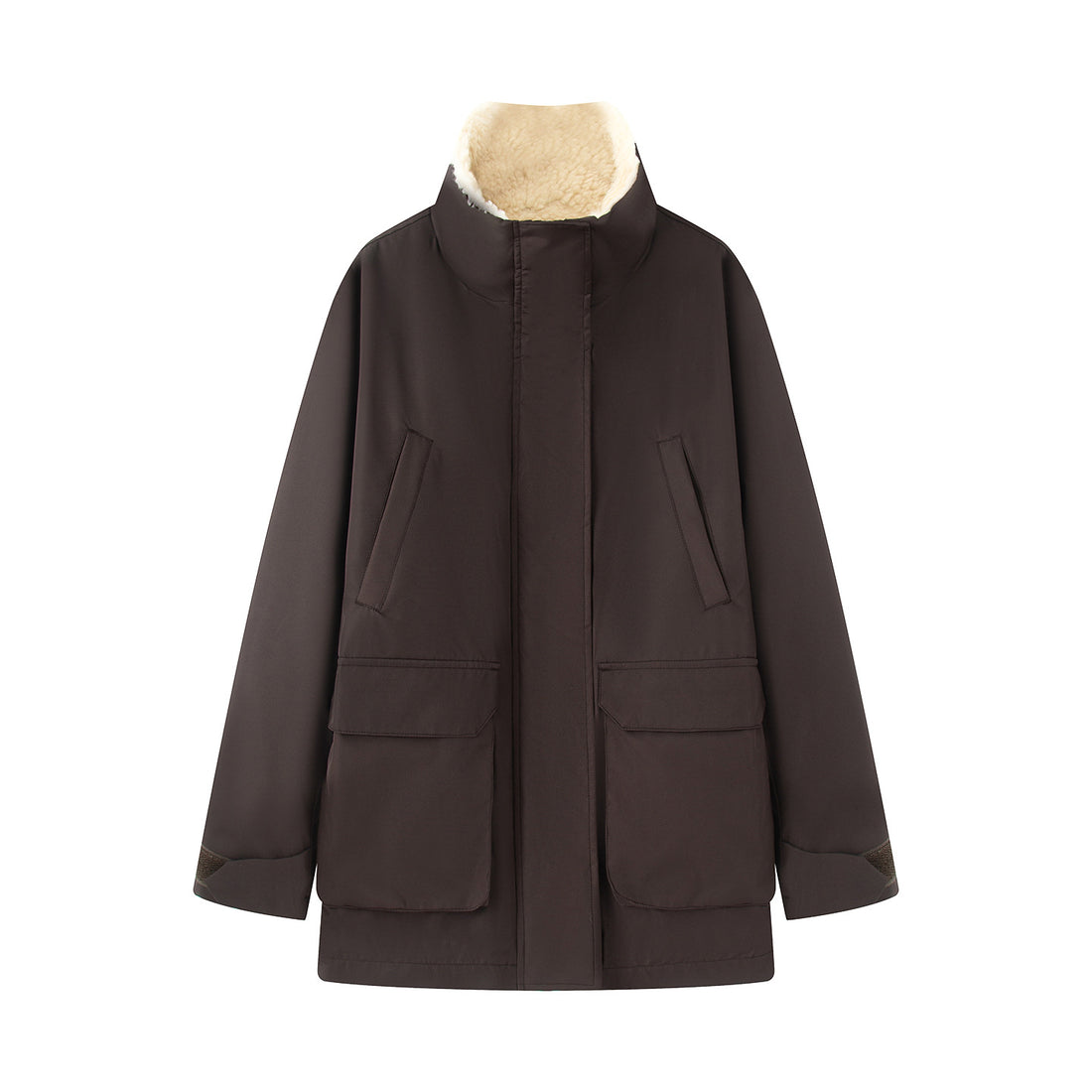 Damen oversized Parka mit hohem Teddygefüttertem Stehkragen, verdeckter Frontleiste und großen Klappentaschen – Célinea