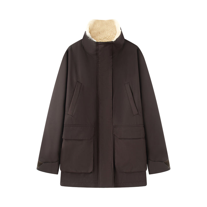 Damen oversized Parka mit hohem Teddygefüttertem Stehkragen, verdeckter Frontleiste und großen Klappentaschen – Célinea
