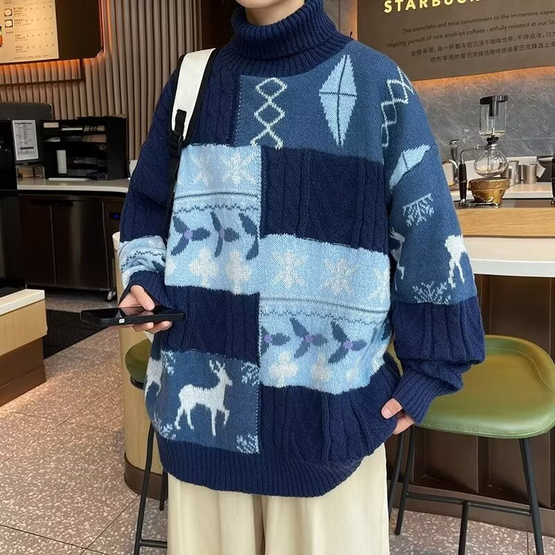 Damen Gemusterter Oversized Pullover mit Stehkragen Echoarchiv
