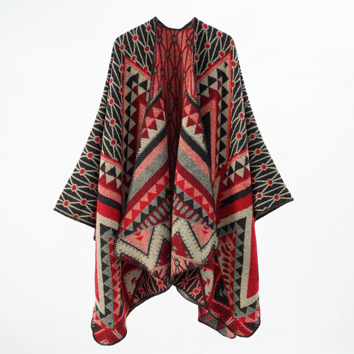 Damen Strukturiertes Jacquard-Poncho-Überwurf mit grafischem Ethno-Muster und offenem Kimono-Fall – Célinea