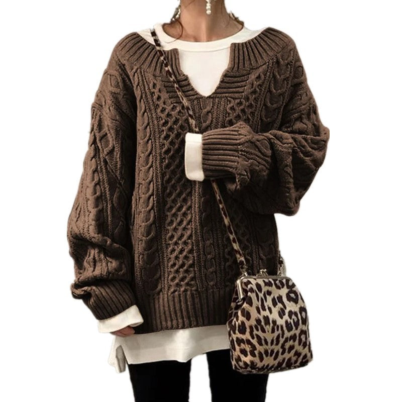 Damen nan weit geschnittener Strickpullover mit Zopfmuster und V-Ausschnitt Echo Archiv