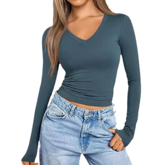 Damen Figurnahes Langarm-Cropped-Shirt mit V-Ausschnitt und elastischem Taillenbund Echo Archiv