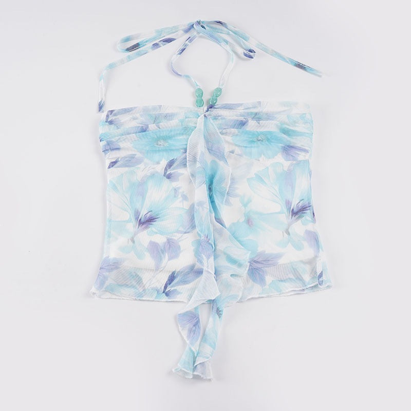 Damen Spaghetti-Trägertop mit floralen Einsätzen und transparenten Rüschen Echo Archiv