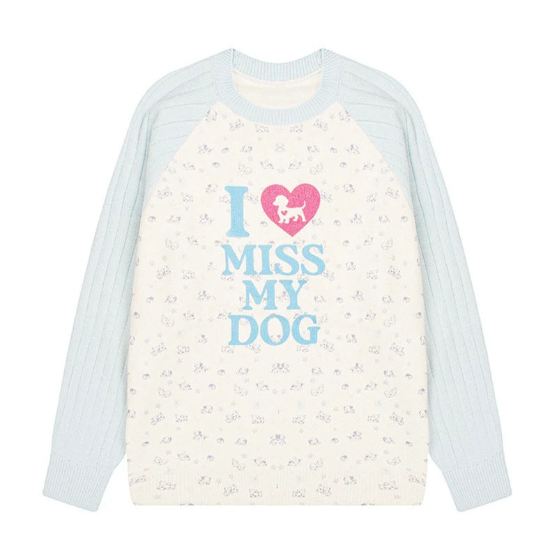 Damen Strickpullover mit Raglanärmeln, Allover-Hundemotiv und Statement-Print Echoarchiv