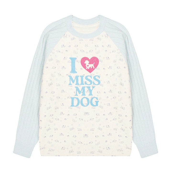 Damen Strickpullover mit Raglanärmeln, Allover-Hundemotiv und Statement-Print Echoarchiv