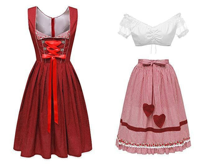 Damen nan alpines Midi-Trachtenkleid mit geschnürtem Mieder, Kurzbluse und dekorativer Herzschürze Echo Archiv