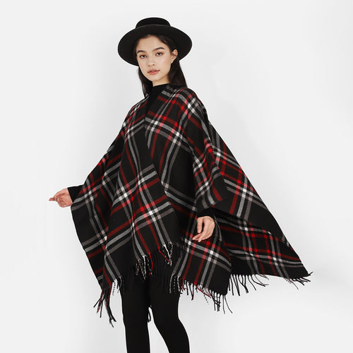 Damen Karierter Oversize-Überwurfponcho mit V-Ausschnitt und Fransensaum – Avérine