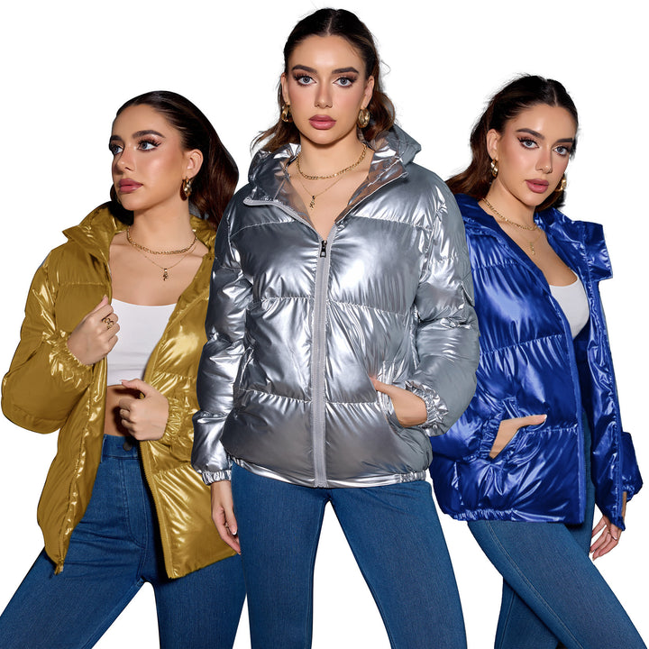 Damen Glänzende Oversize-Steppjacke mit Kapuze & elastischen Bündchen Echoarchiv