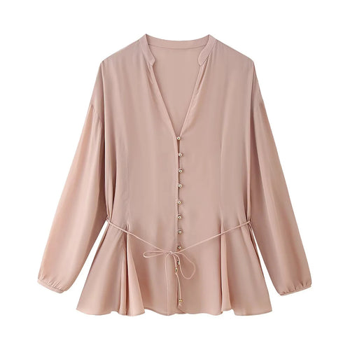 Damen nan elegante Bluse mit Perlenknopfleiste, Taillenzug und leichtem Schößchen Echo Archiv