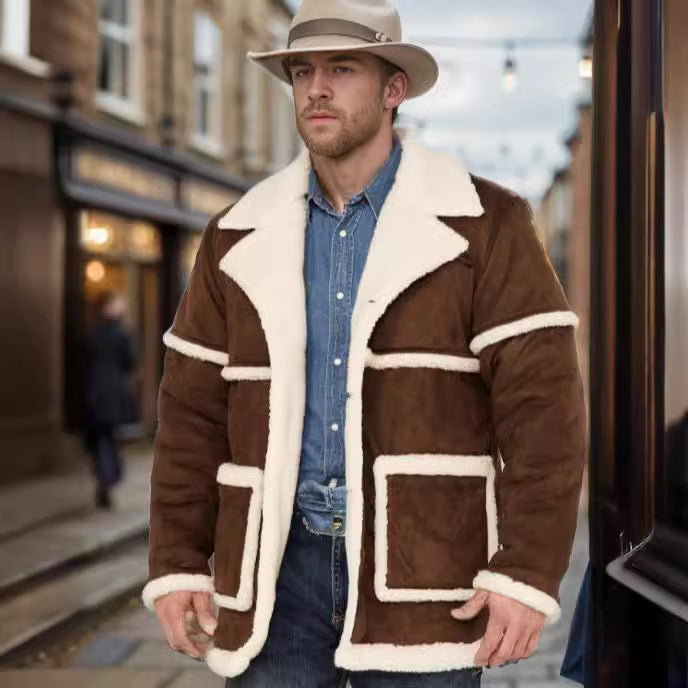 Herren Lammfell-gefütterte Bikerjacke mit breitem Kragen und praktischen Taschen Echoarchiv