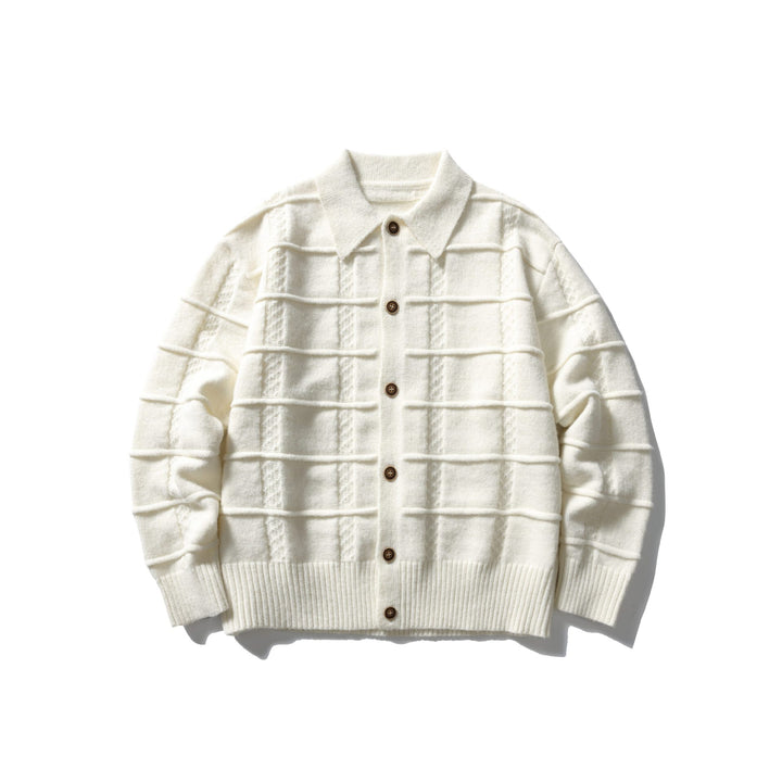 Herren strukturierte Strickjacke mit Hemdkragen und durchgehender Knopfleiste Echoarchiv