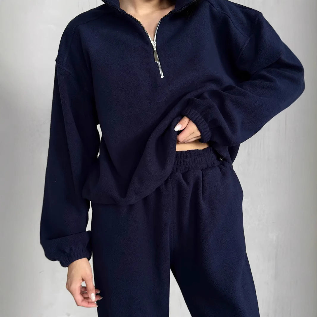 Damen lässiges Fleece-Jogginganzug Set mit Stehkragen und halbhohem Reißverschluss – Avérine