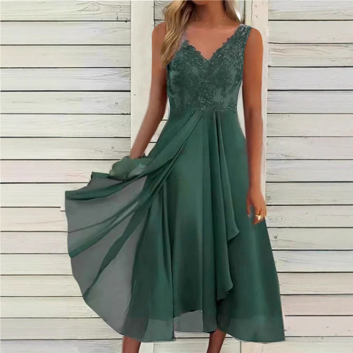 Damen nan elegantes Abend-Midikleid mit bestickter Spitzen-Büste, taillierter Drapierung und fließendem Lagenrock Echoarchiv
