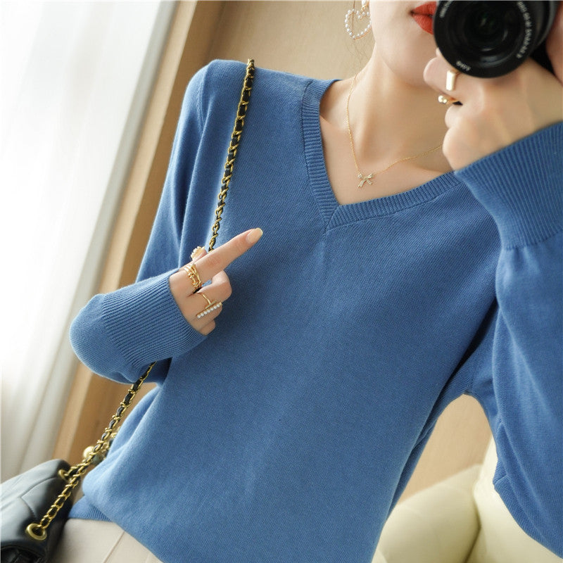 Damen Leichter V‑Ausschnitt Feinstrickpullover aus kaschmirweicher Baumwollmischung mit elastischen Rippbündchen Echoarchiv