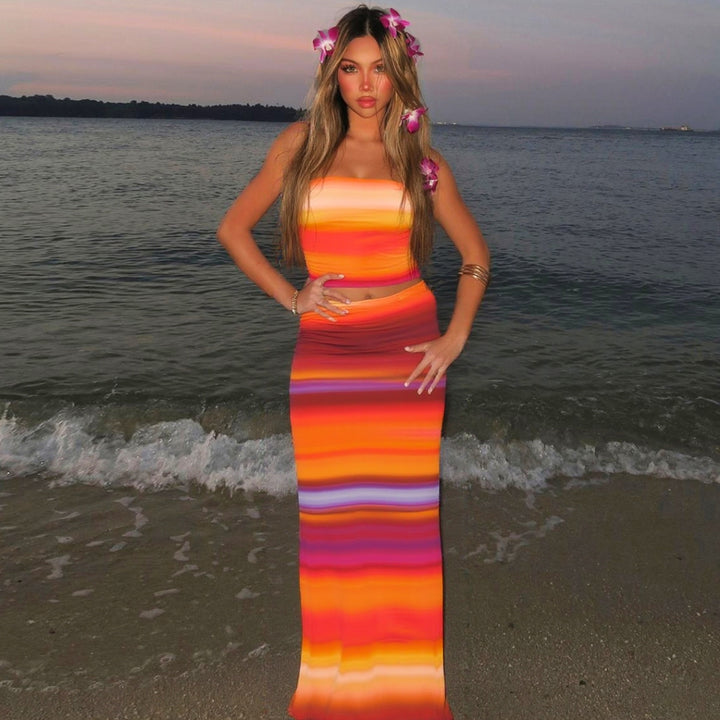 Damen Elegantes Strandkleid mit buntem Streifenmuster Echo Archiv