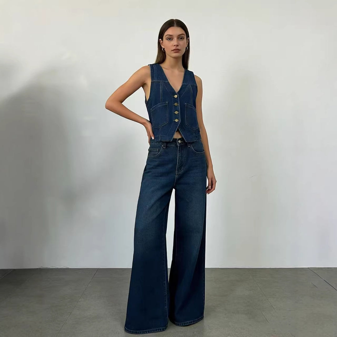 Damen lässige Denim-Weste mit Knopfdetails und aufgesetzten Taschen Echo Archiv