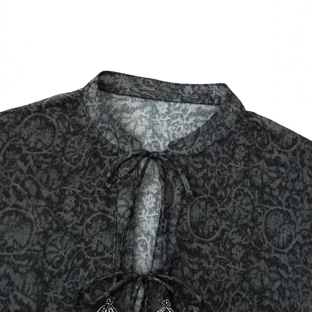 Damen Chiffonbluse mit Paisley‑Print, Quasten‑Bindeband und voluminösen Ballonärmeln – Élovi