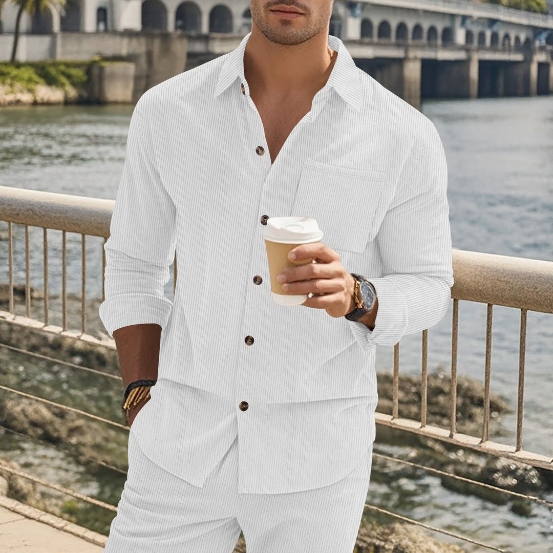 Herren gestreiftes Langarmshirt mit modischem Stehkragen und praktischer Brusttasche Echoarchiv