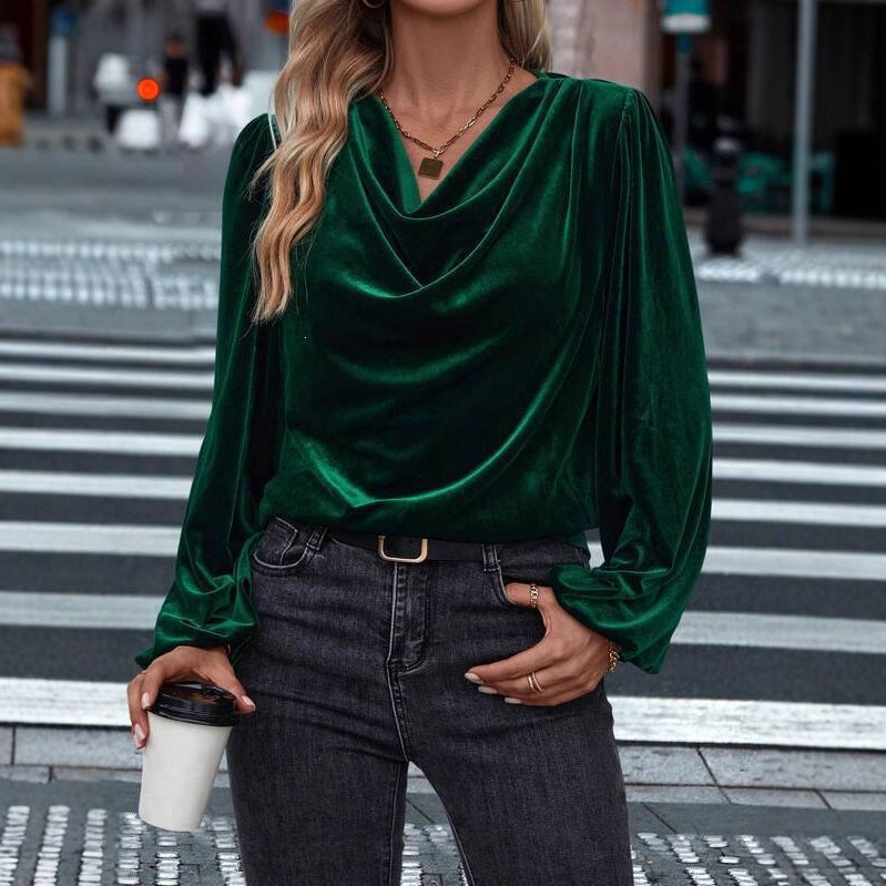 Damen Drapiertes Samtblusenshirt mit Wasserfall‑Ausschnitt und Puffschultern Echoarchiv