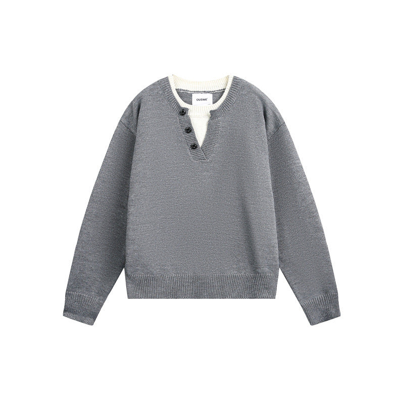 Unisex Grobgestrickter Pullover mit V‑Knopfleiste und Lagenkragen Echoarchiv