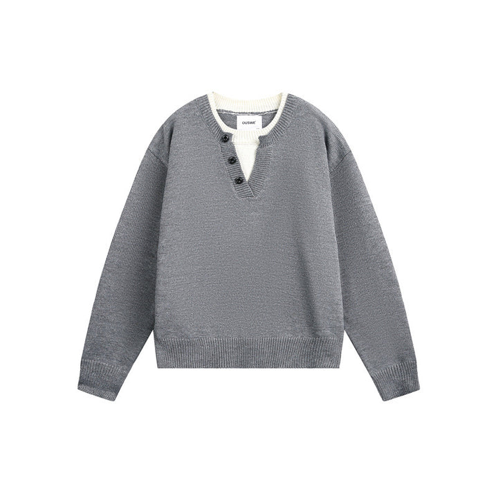 Unisex Grobgestrickter Pullover mit V‑Knopfleiste und Lagenkragen Echoarchiv
