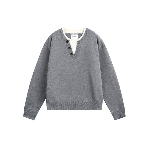 Unisex Grobgestrickter Pullover mit V‑Knopfleiste und Lagenkragen Echoarchiv