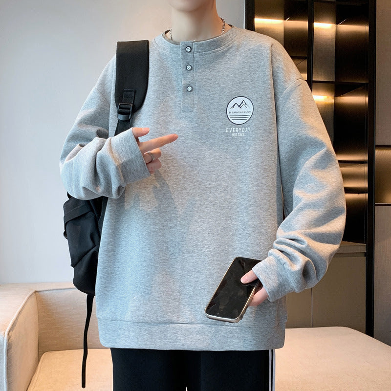 Herren lässiger Langarmpullover mit Knopf und gesticktem Motiv Echoarchiv
