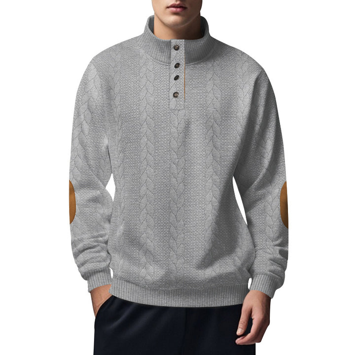 Herren nan strukturiertes Kabelstrick-Henley-Pullover mit Stehkragen und Ellbogenpatches Echo Archiv