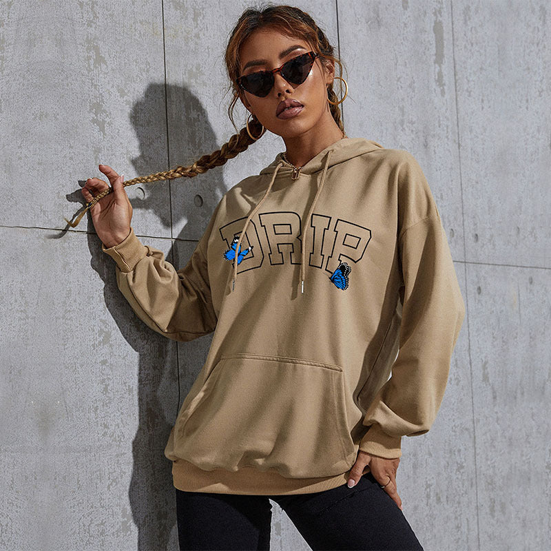Damen Oversize-Kapuzenpullover mit Kängurutasche und Schmetterling-Stickerei Echoarchiv