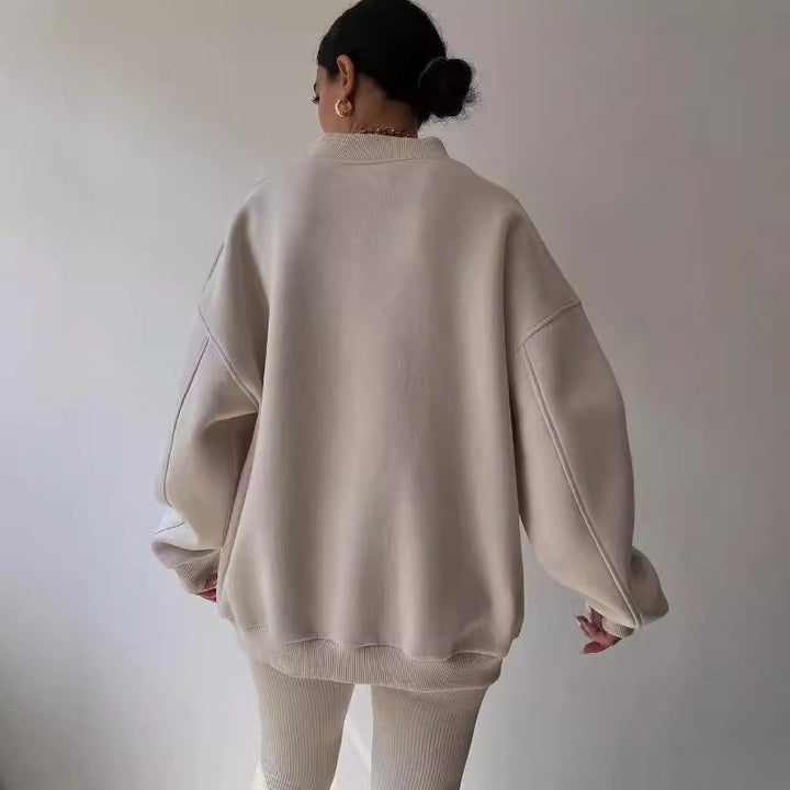 Damen Oversized Sweatshirt mit V-Ausschnitt und geripptem Kragen Echoarchiv