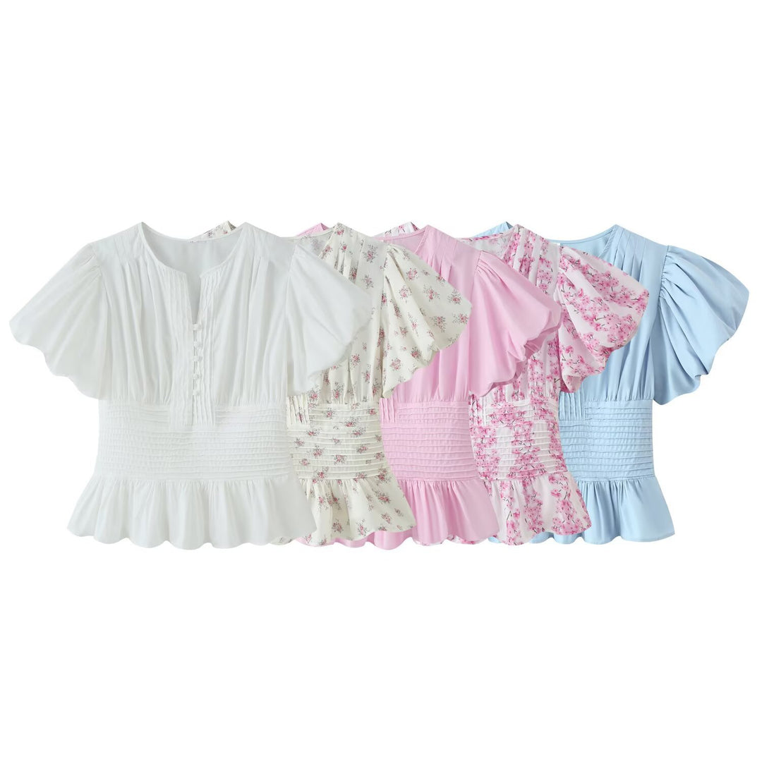 Damen Romantische Bluse mit Puffärmeln, Kellerfalten‑Blende und gesmokter Taille Echo Archiv