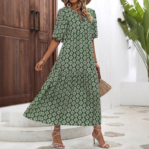 Damen nan luftiges Maxikleid mit geometrischem Ethno-Print, gerafftem Stufenrock und Schlüssel-Ausschnitt Echo Archiv
