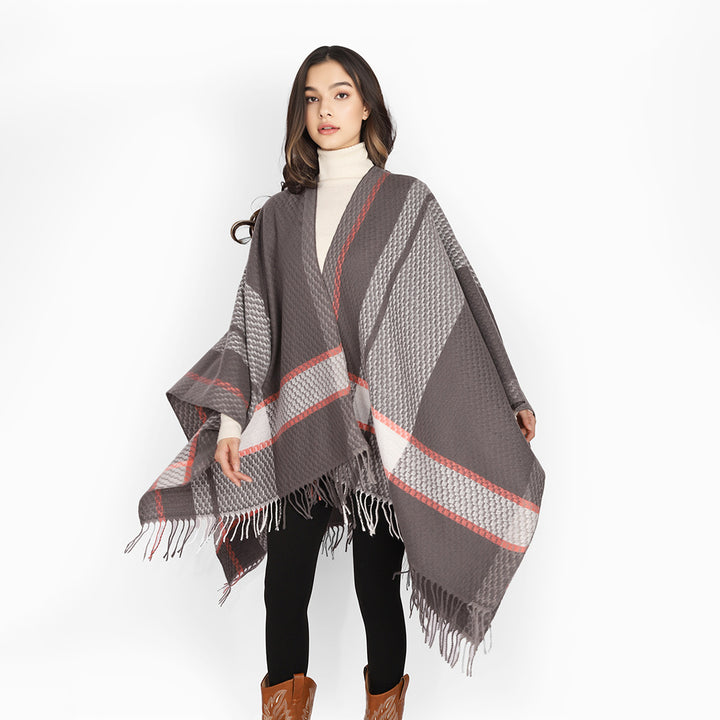 Damen Oversize Capeponcho aus Wollmix mit Karomuster und Fransensaum – Avérine