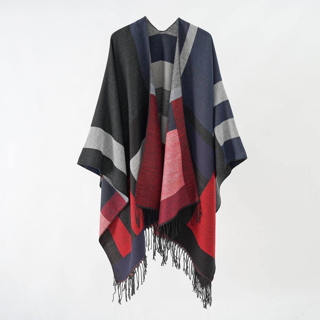 Damen Jacquard-Überwurfponcho im Cape-Schnitt mit feinem Fransensaum Echo Archiv