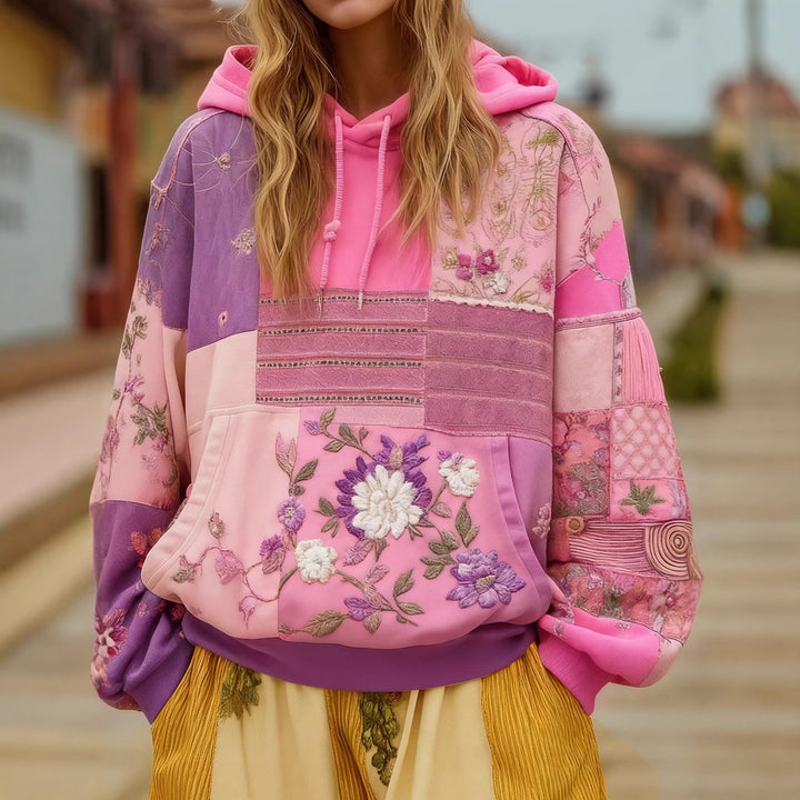 Damen Bestickter Patchwork-Kapuzenpullover mit Blumenapplikation und Kängurutasche – Auréline