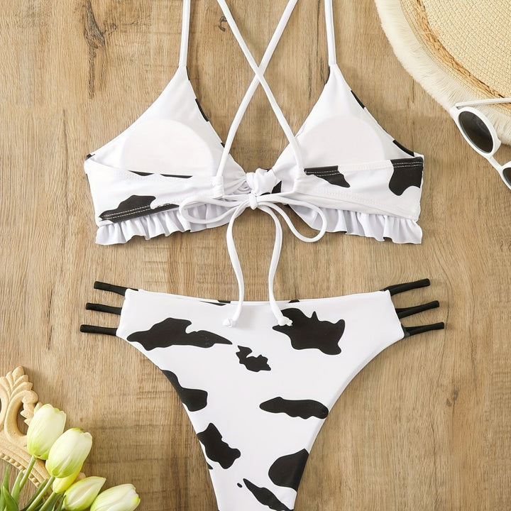 Damen Triangel-Bikini mit franjendetail und verspieltem Kuhmuster Echo Archiv
