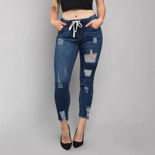 Damen Hochtaillierte Destroyed-Jogger-Jeans mit elastischem Tunnelzugbund und gekürztem Fransen-Saum Echo Archiv