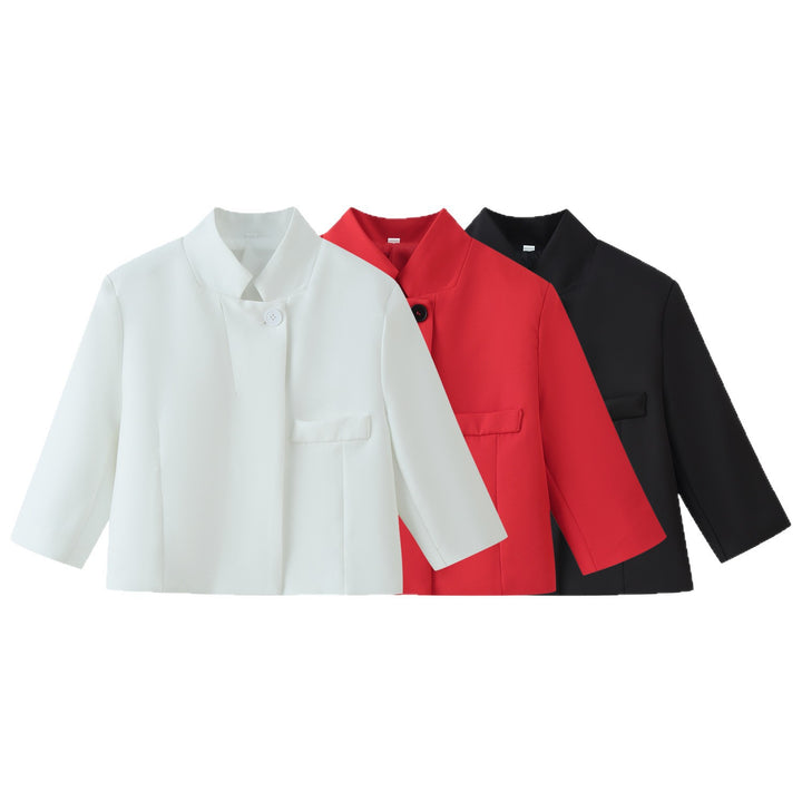 Damen Kurzblazer mit Stehkragen, kastiger Cropped‑Silhouette und Ein‑Knopf‑Verschluss Echoarchiv